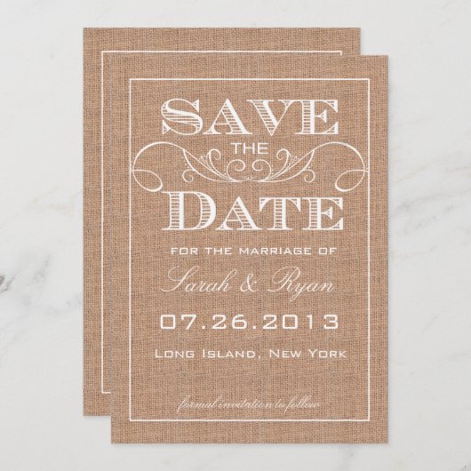 Rustieke juteprint Save the Date-aankondiging Kaart (Voorkant / Achterkant)