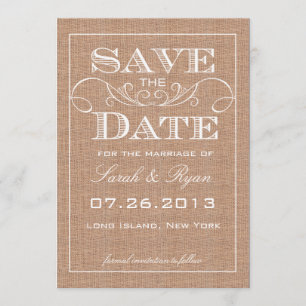 Rustieke juteprint save the date-aankondiging kaart