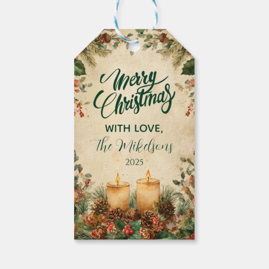 Rustieke kaars Pinecone Kerstmis Cadeaulabel (Achterkant)