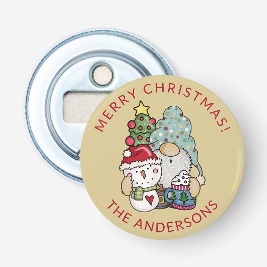 Rustieke Kabouter Sneeuwman Kerstmis Button Flesopener (Voorkant)
