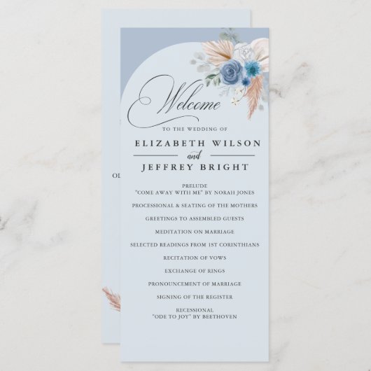 Rustieke kalligrafie Boho Dusty Blue Pampas bruilo Programma (Voorkant / Achterkant)