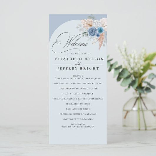 Rustieke kalligrafie Boho Dusty Blue Pampas bruilo Programma (Staand voorkant)