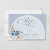 Rustieke kalligrafie Boho Dusty Blue Pampas bruilo RSVP Kaartje (Voorkant)