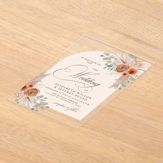 Rustieke kalligrafie Boho terracotta pampas bruilo Acryl Uitnodigingen (Laagn)