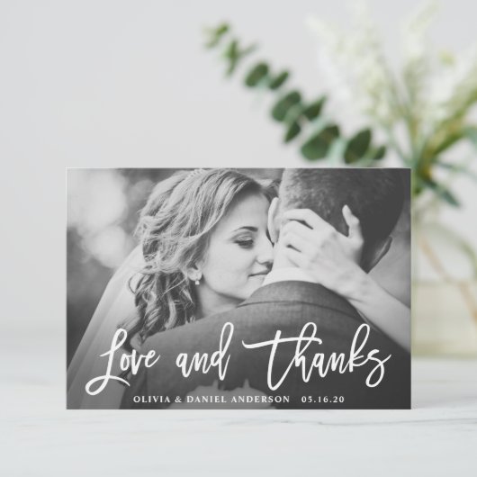 Rustieke kalligrafie bruiloft dank u fotokaart bedankkaart (Staand voorkant)