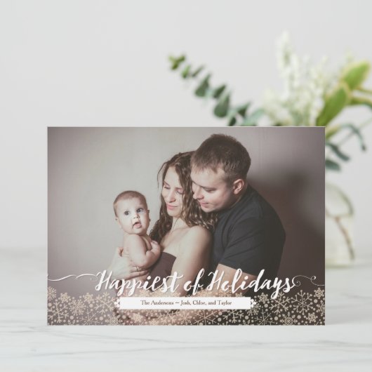 Rustieke kalligrafie & sneeuwvlok Kant Vakantiefot Feestdagenkaart (Staand voorkant)