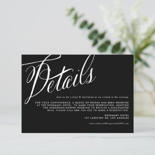 Rustieke kalligrafie Zwart-wit bruiloft Details Informatiekaartje (Staand voorkant)