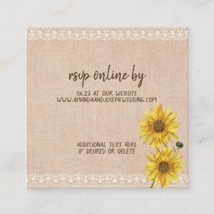 Rustieke Kant & Burlap Zonnebloemen Bruiloft RSVP Informatiekaartje
