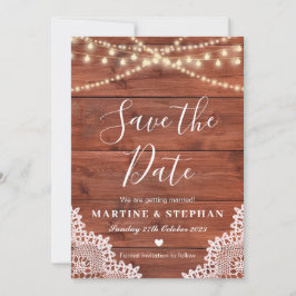 Rustieke kant en feestverlichting save the date kaart