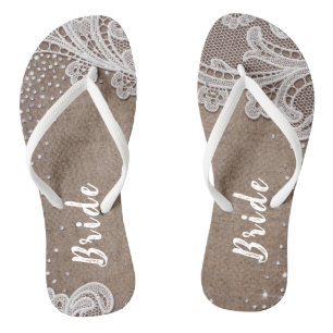 Rustieke kant en jute zilveren glitter bruid teenslippers