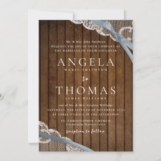 Rustieke kant en schuur hout bruiloft kaart (Voorkant)
