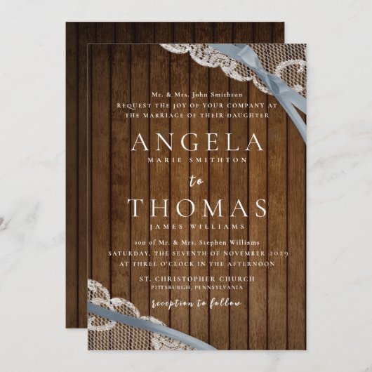 Rustieke kant en schuur hout bruiloft kaart (Voorkant / Achterkant)