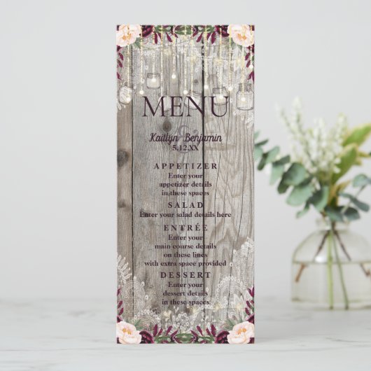 Rustieke Kant Jar Wood & String Lights Bruiloft Me Menu (Staand voorkant)