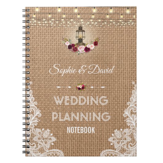 Rustieke Kant Jute Snoerlichten Trouw Planner Notitieboek (Voorkant)