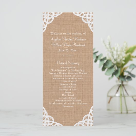 Rustieke kant & Medium Burlap Wedding Programma (Staand voorkant)