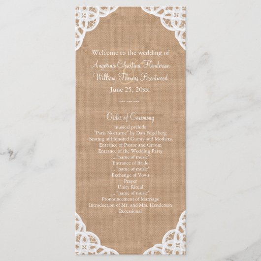 Rustieke kant & Medium Burlap Wedding Programma (Voorkant)