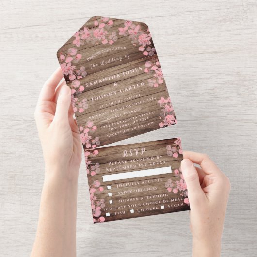 Rustieke Kersenbloesem Japanse Bloemen Hout Sakura All In One Uitnodiging (Afscheurbaar)