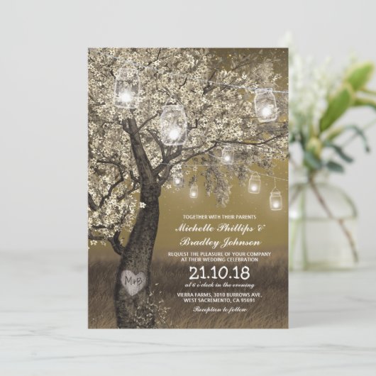 Rustieke Kersenboom & String Lights Bruiloft Kaart (Staand voorkant)