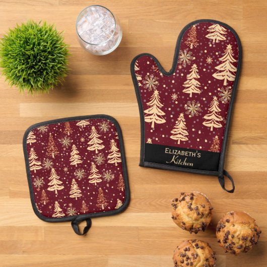 Rustieke Kerst Evergreen Bomen Rood en Goud Ovenwant & Pannenlap Set (Top down)