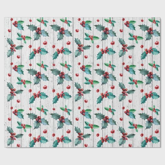 Rustieke kerst Holly op witte schuur hout patroon Cadeaupapier (Vlak)
