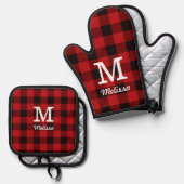 Rustieke Kerst Rode Buffel Plaid Monogram Ovenwant & Pannenlap Set (Voorkant / Achterkant)