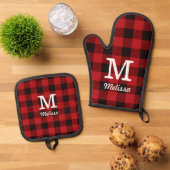 Rustieke Kerst Rode Buffel Plaid Monogram Ovenwant & Pannenlap Set (Top down)