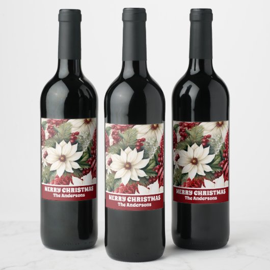  rustieke kerstbloemen bladeren Pattern Wijn Etiket (Flessen)