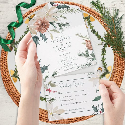 Rustieke kerstden & bessen wit diner all in one uitnodiging