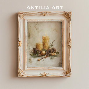 Rustieke kerstkaars schilderij stilleven poster