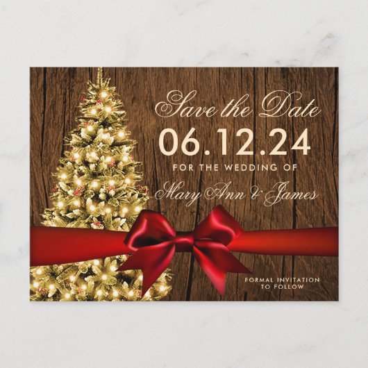Rustieke Kerstmis Bruiloft Save Datum Boom & Lint Aankondigingskaart (Voorkant)