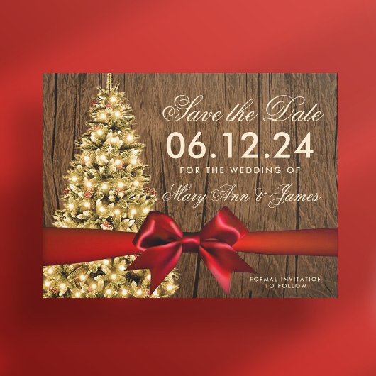 Rustieke Kerstmis Bruiloft Save Datum Boom & Lint Aankondigingskaart