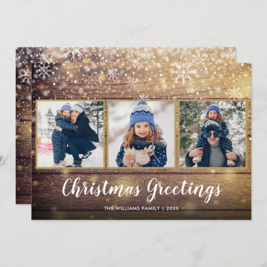 Rustieke Kerstmis Groeten Land Hout 3 Foto Feestdagenkaart (Voorkant / Achterkant)