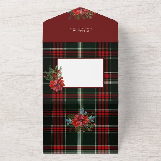 Rustieke kerstplaid w / Poinsettia & Pine Foto All In One Uitnodiging (Buitenkant)