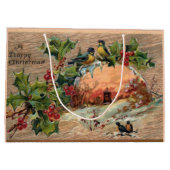 Rustieke kerstscène op verweerd hout groot cadeauzakje (Achterkant)