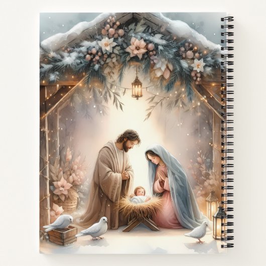 Rustieke kerststal met winterbloemen notitieboek (Achterkant)