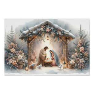 Rustieke kerststal met winterbloemen perfect poster