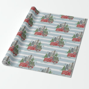 Rustieke kersttruck Bomen Blauw Gestreept Cadeaupapier