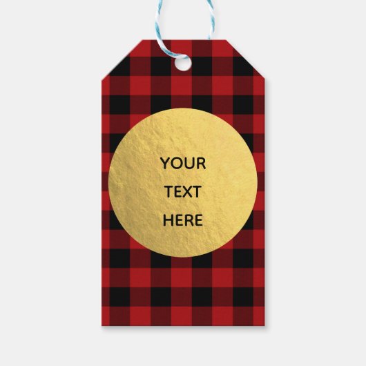 Rustieke kerstvakantie Red Buffalo Plaid Gold Cadeaulabel (Voorkant)