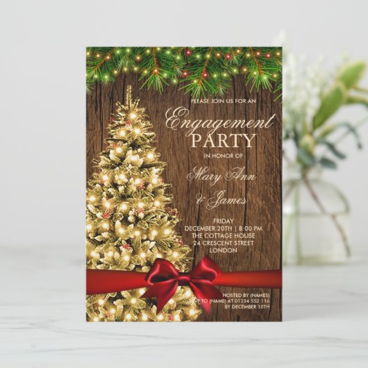 Rustieke kerstverlovingsfeest boom en lint kaart (Staand voorkant)