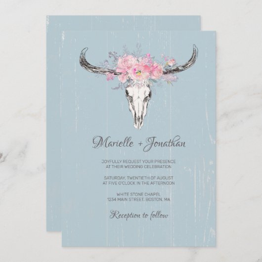 Rustieke Koe schedel Boho Blush Bloemen Waterverf Kaart (Voorkant / Achterkant)