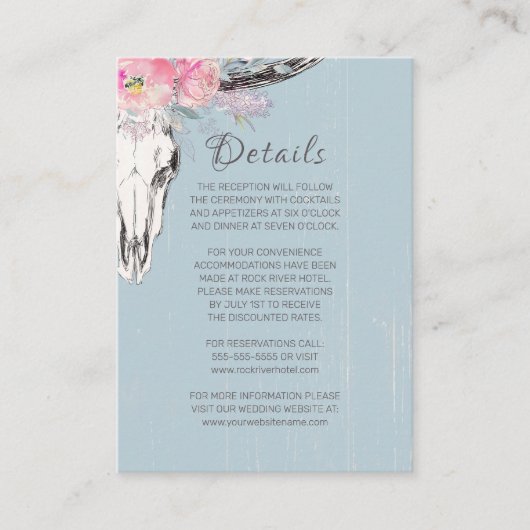 Rustieke Koe schedel Boho Blush Waterverf Bloemen Informatiekaartje (Voorkant)