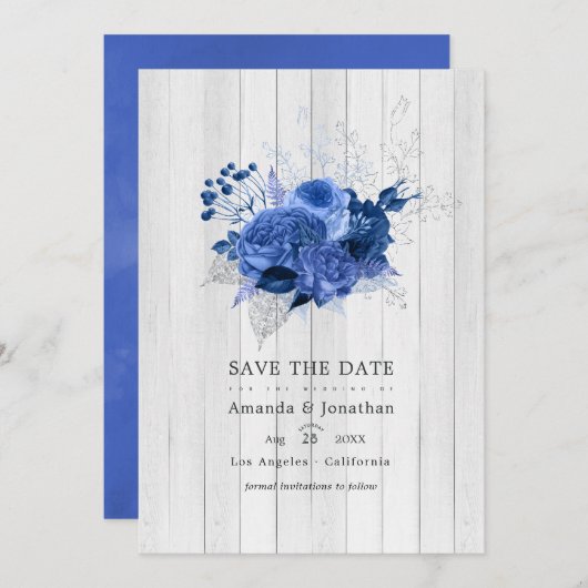 Rustieke Koninklijk Blauwe en Zilveren Bloemige Tr Save The Date (Voorkant / Achterkant)