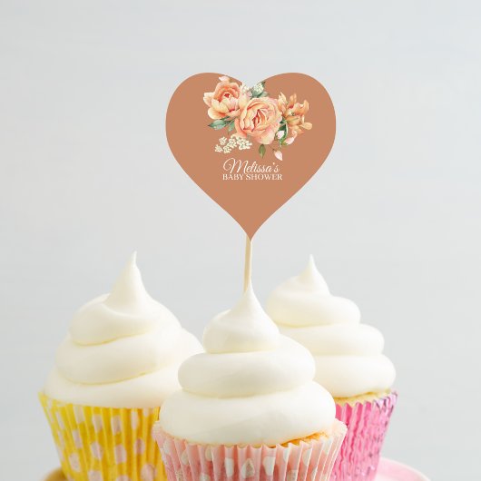 Rustieke koraal perzik bloem cupcake topper hart sticker