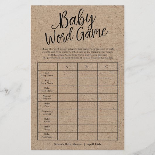 Rustieke Kraft Baby Word Game Douche Papier Spel K Flyer (Voorkant)