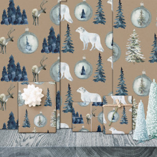 Rustieke Kraft Blauwe Spruce Tree Arctic Fox Rendi Inpakpapier Vel