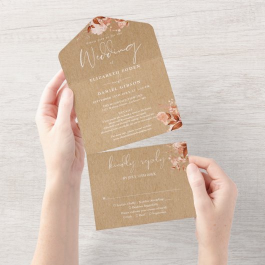 Rustieke Kraft Bloemen Details RSVP Herfst Bruilof All In One Uitnodiging (Afscheurbaar)