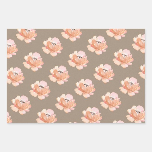 Rustieke kraft blush perzik en cognac bloemen inpakpapier vel (Voorkant)