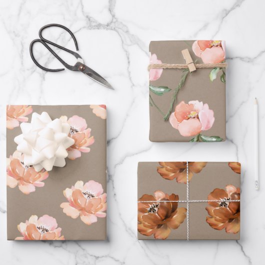 Rustieke kraft blush perzik en cognac bloemen inpakpapier vel (Voorkant)