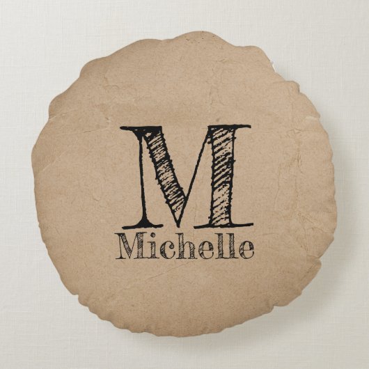 Rustieke Kraft Bruin Papier Uitzicht Initiaal Rond Kussen (Achterkant)
