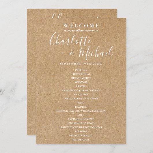 Rustieke Kraft Elegante Script Trouwprogramma (Voorkant / Achterkant)